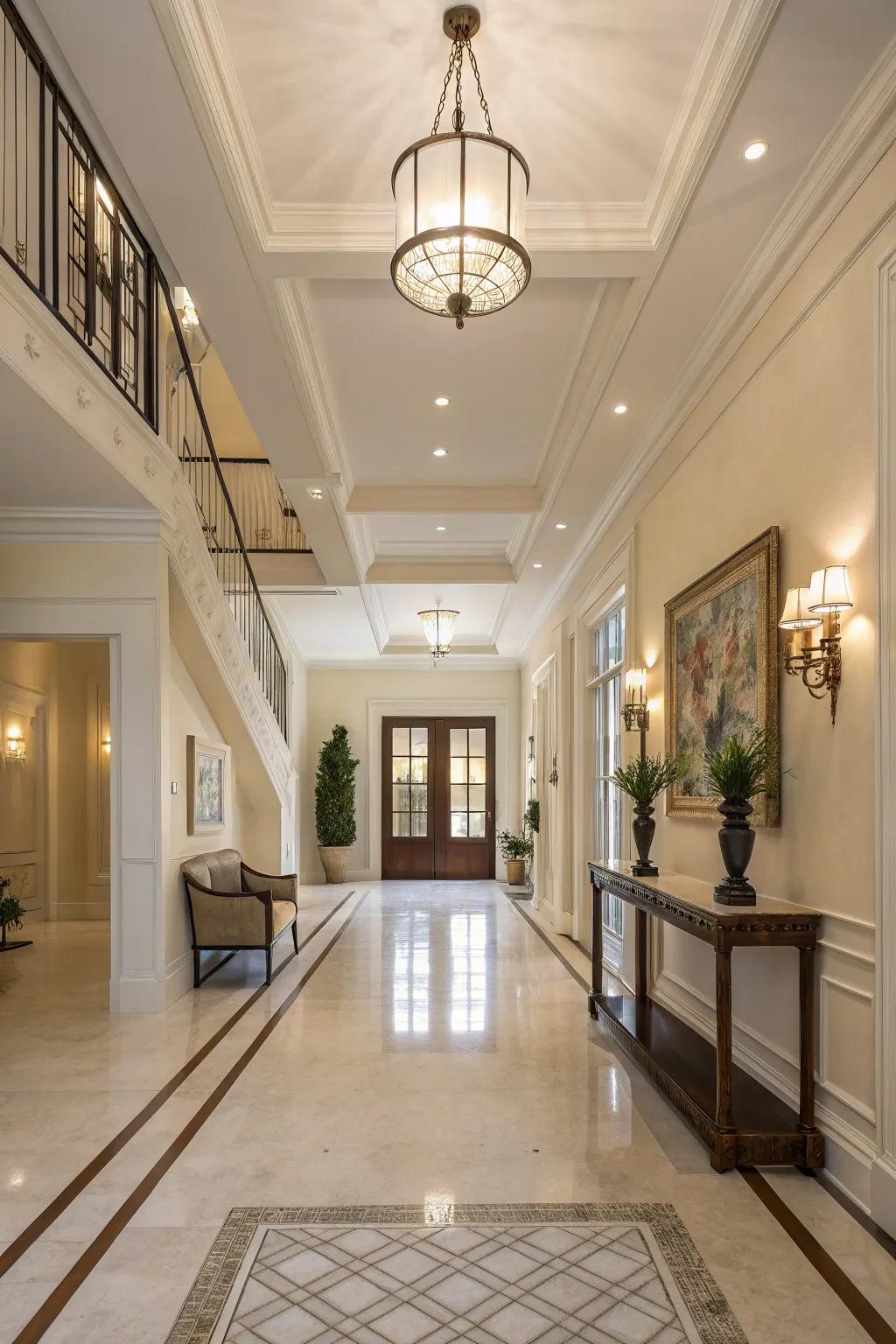 Neutral tones create a timeless and calm atmosphere in a grand entrance hall.