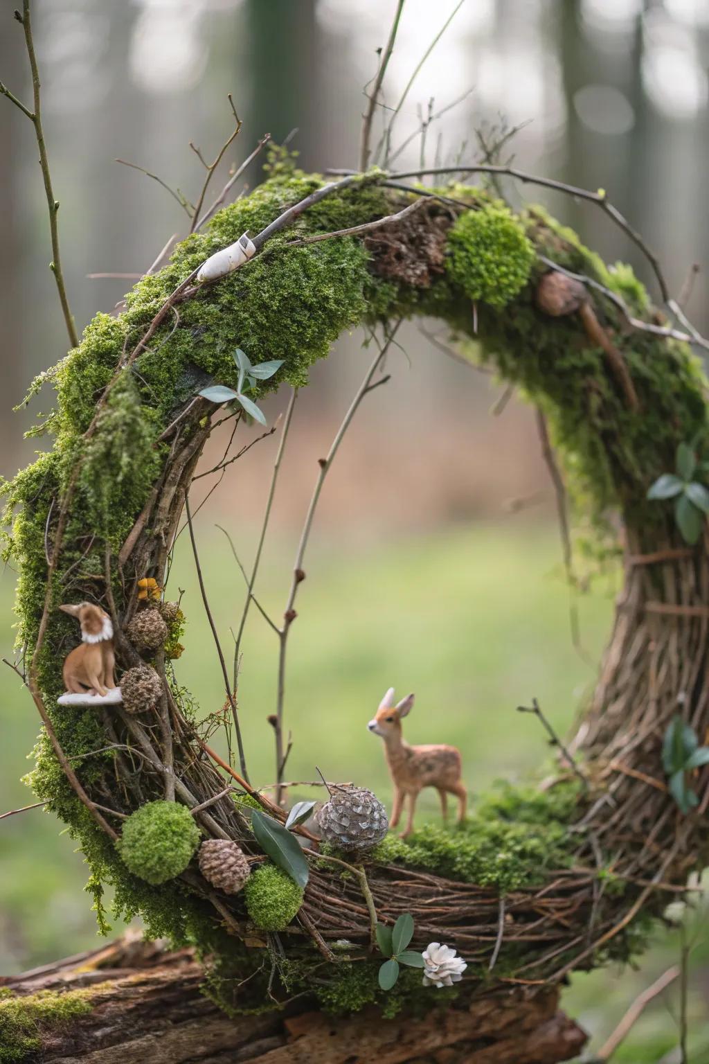 A whimsical woodland-themed grapevine wreath with moss.