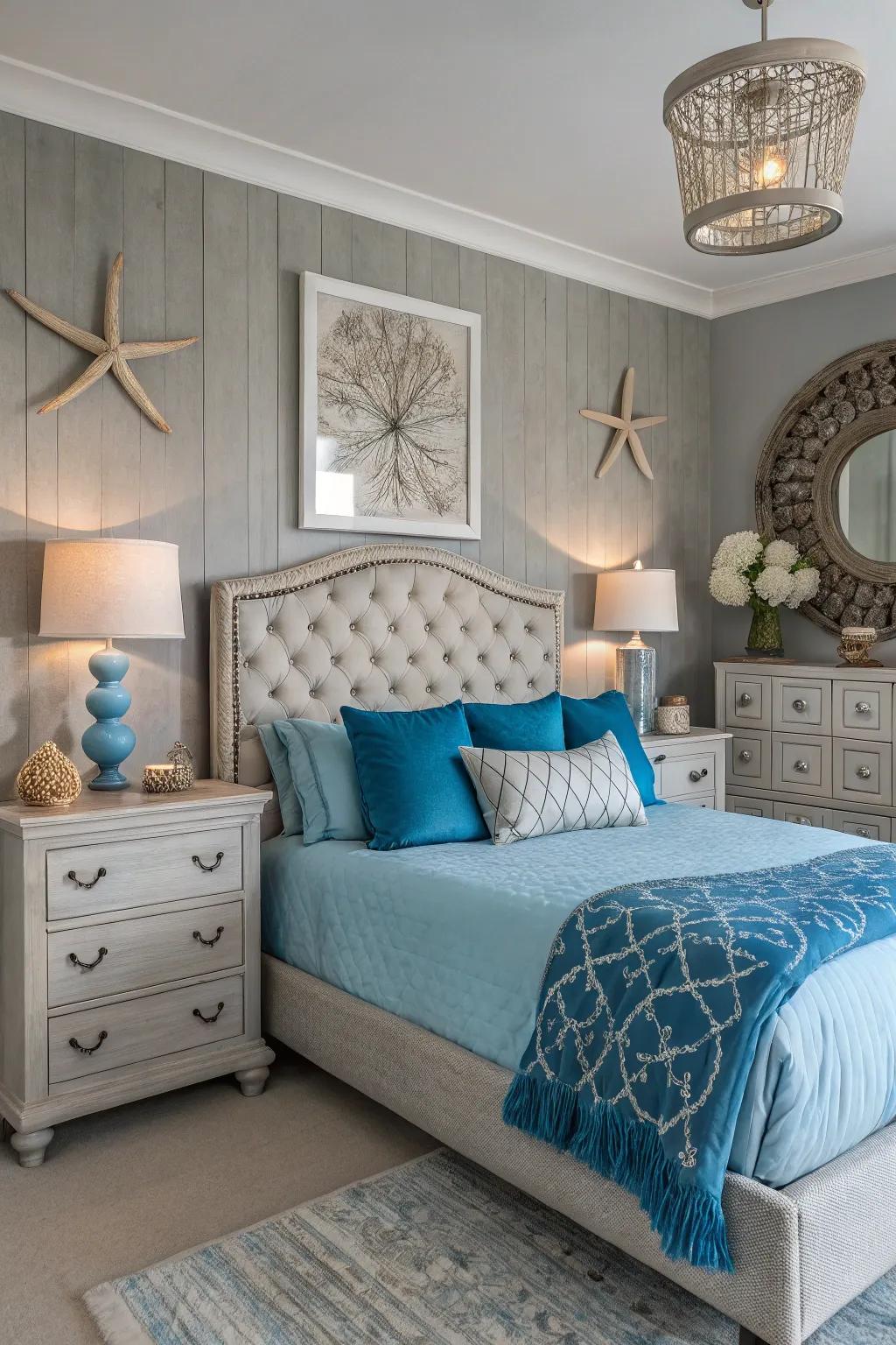 A chic gray bedroom showcasing calming blue tones.