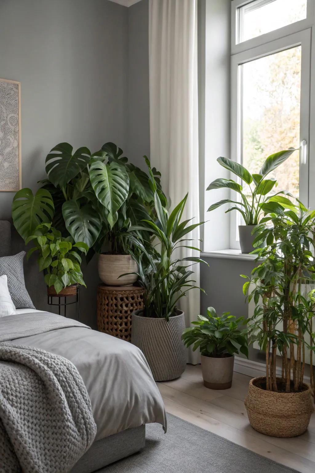 Greenery animates a peaceful gray setting.