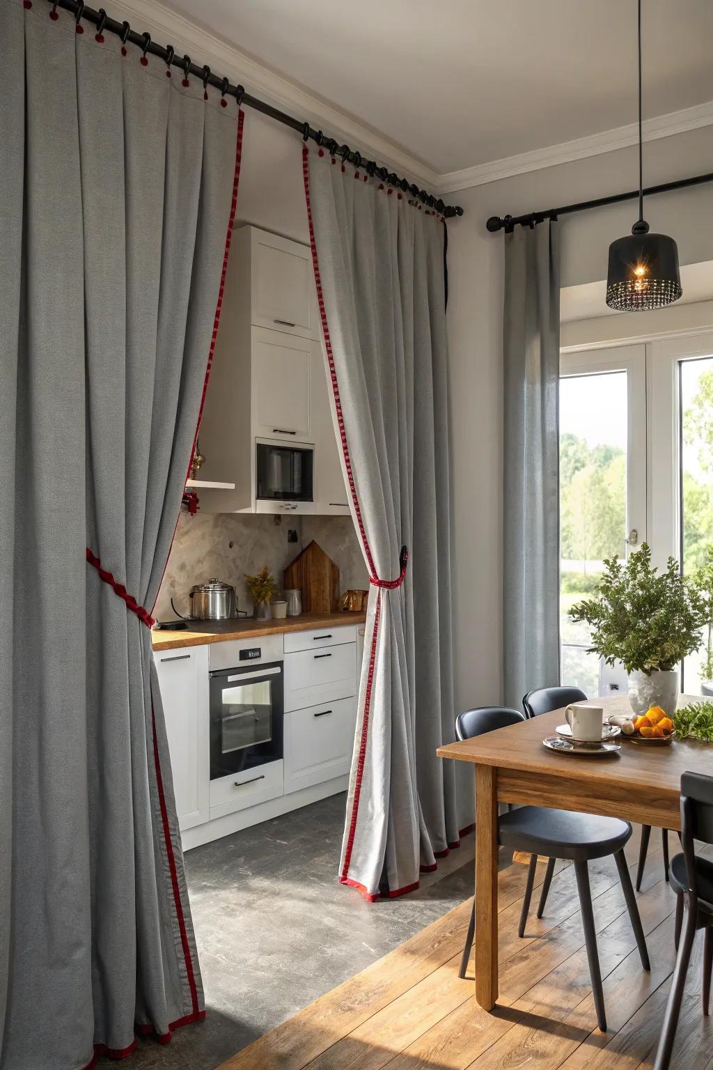 Gray drapes with contrasting borders for an eye-catching visual element.