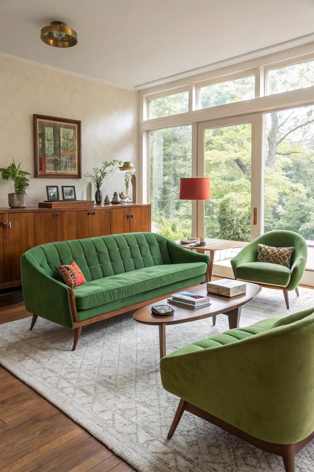 Vintage modern elements combine seamlessly with a verdant couch for a chic retro vibe.