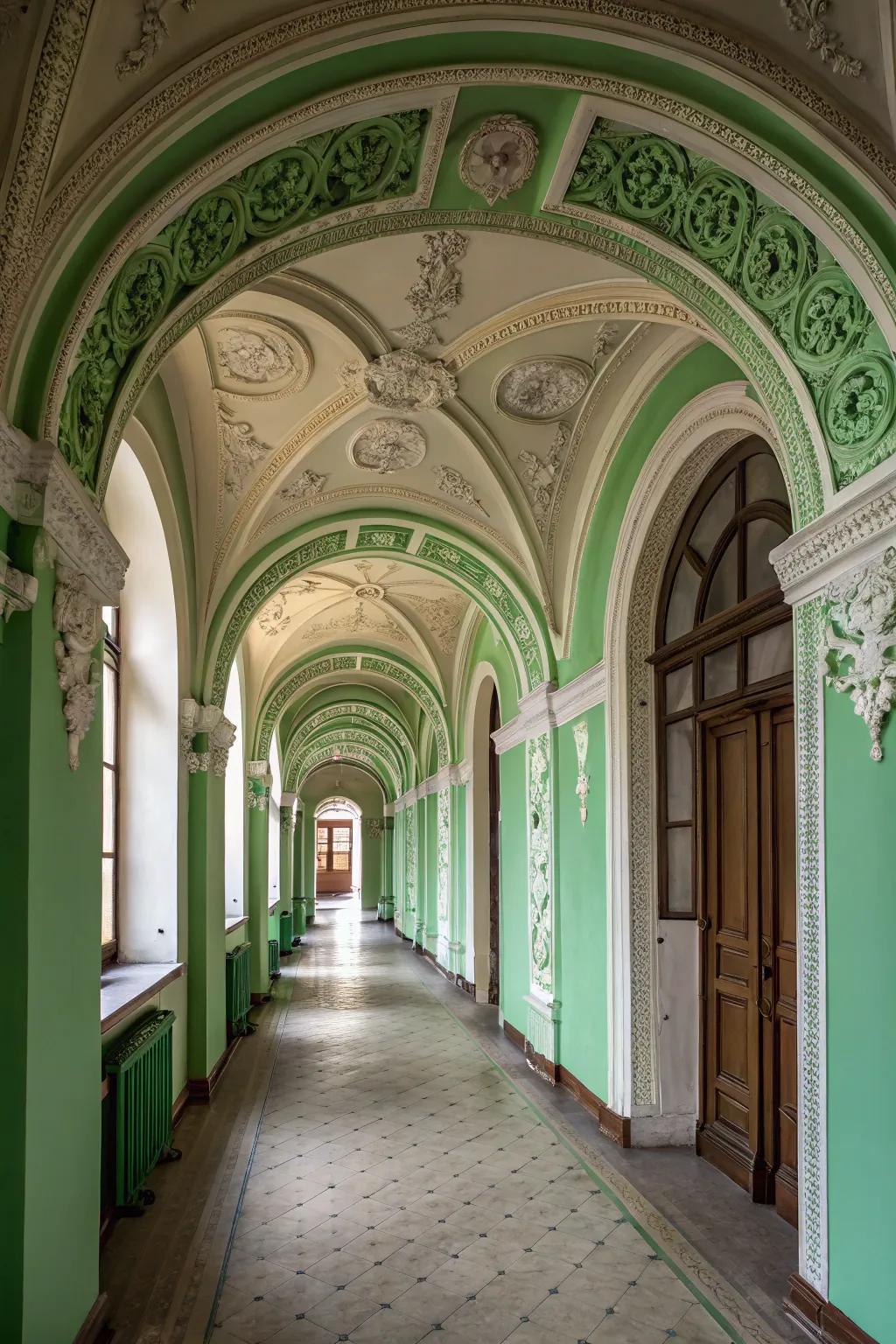 Green paint highlights the architectural features of this hallway.