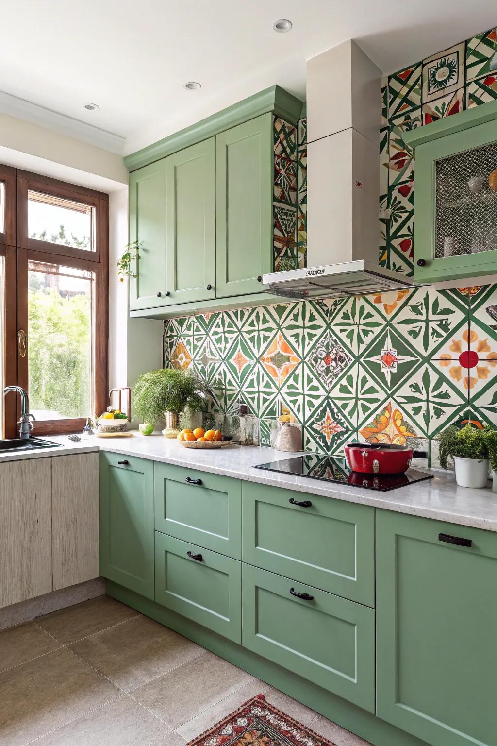 A striking backsplash creates a focal point in a green kitchen.