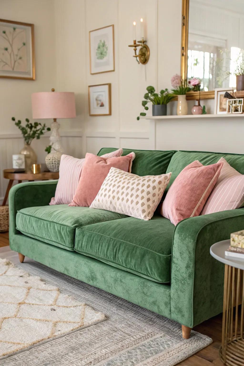 A cozy living room with a forest-toned plush sofa and soft pastel accents.