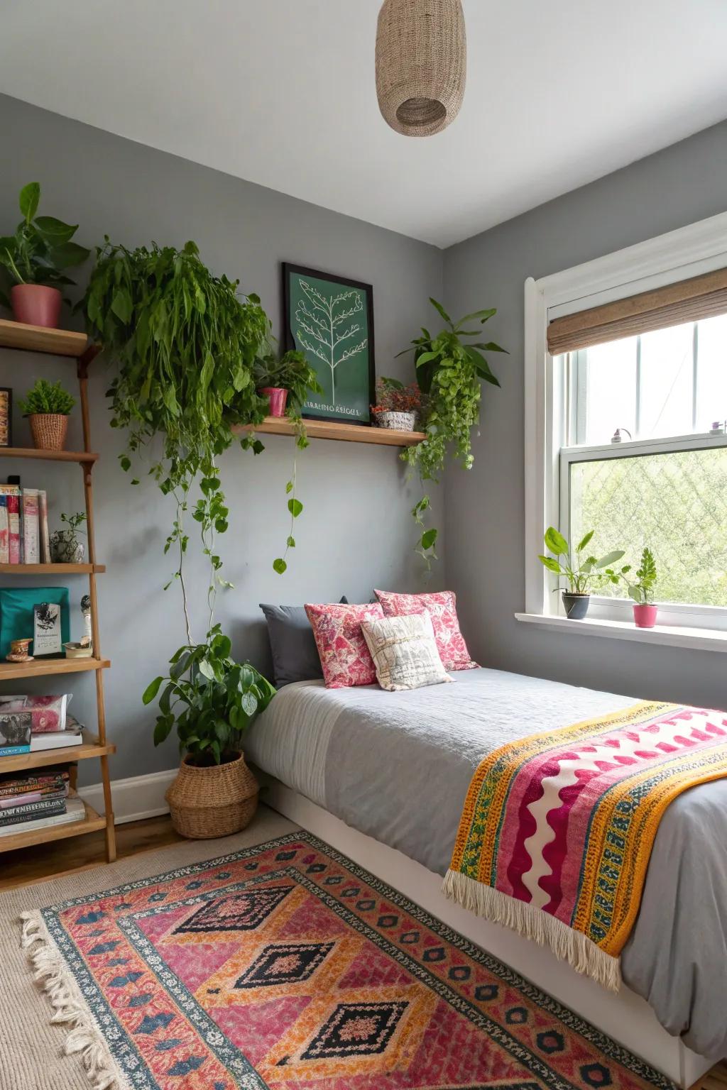 Verdant elements invigorate this bedroom featuring a grey feature wall.