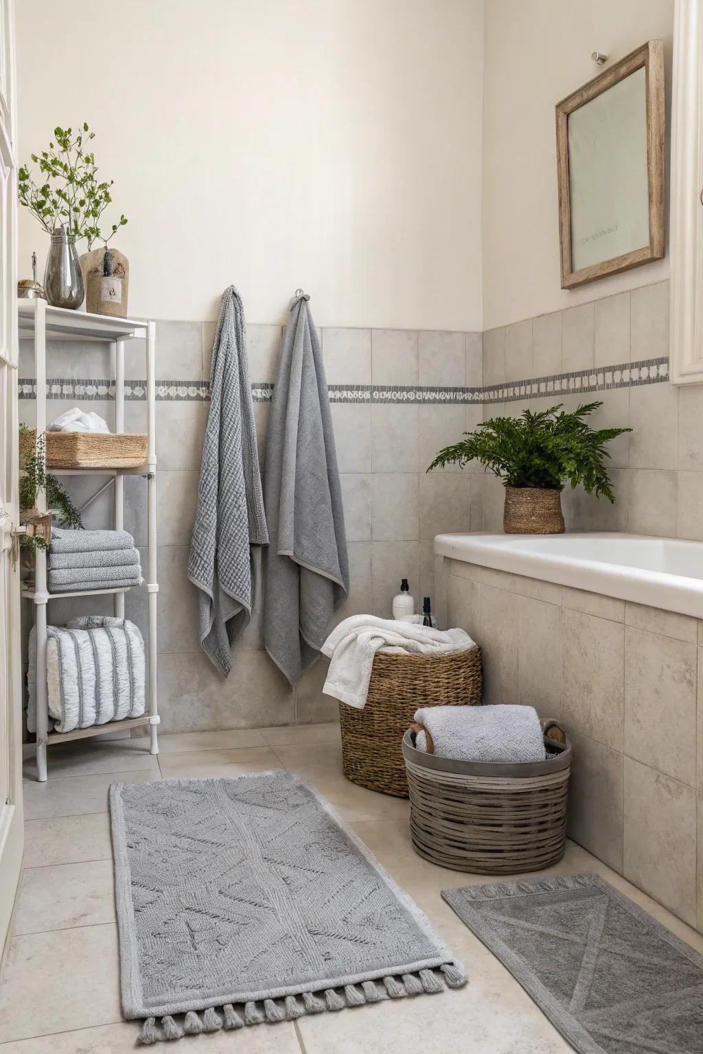 Grey decorations harmonize and balance striking elements within this chic restroom.