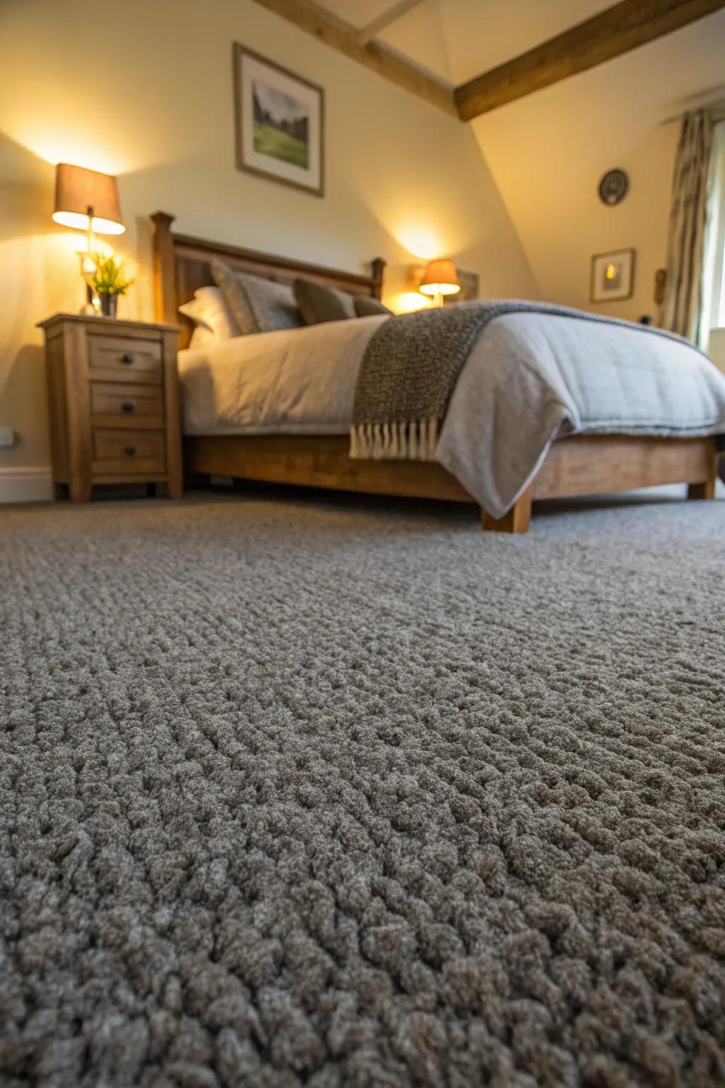 A thick wool ash-toned floor covering adds extra warmth and luxury to the bedroom.
