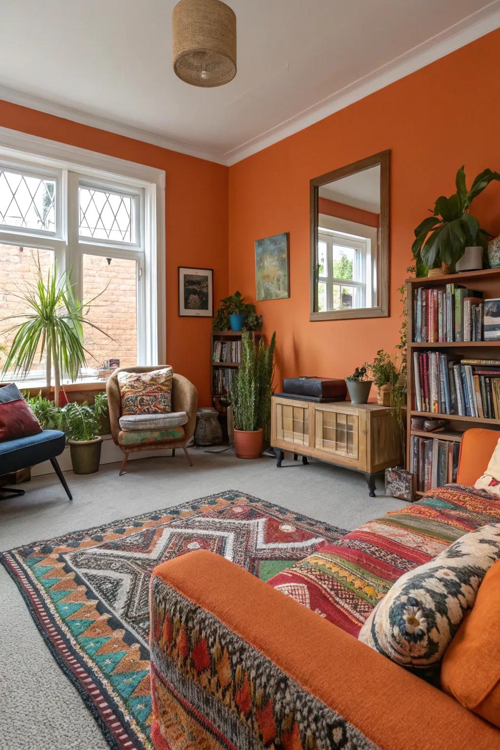 Tangerine walls add vibrant pops to spaces with grey carpet.