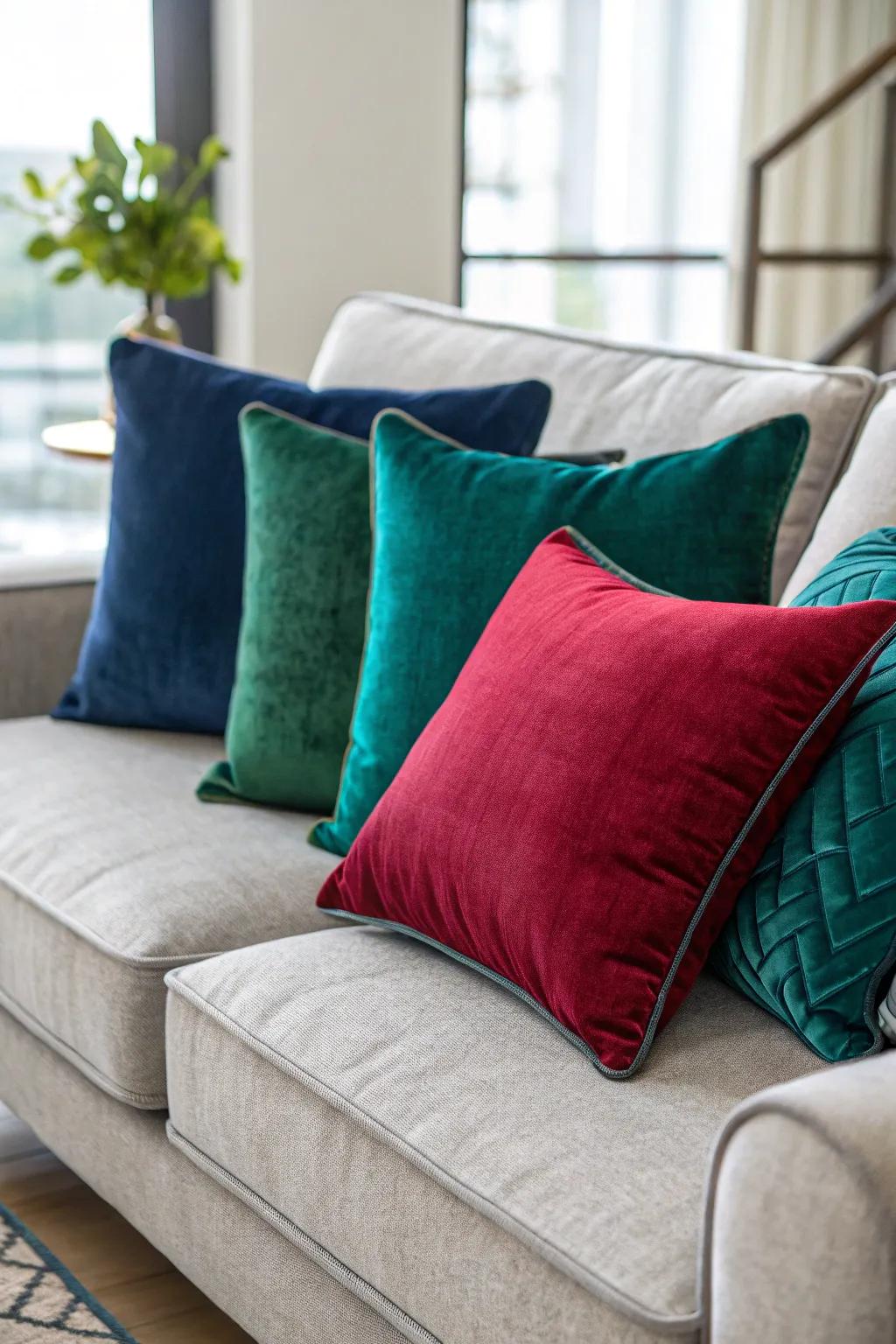Jewel tones add a luxurious touch to a gray sofa.