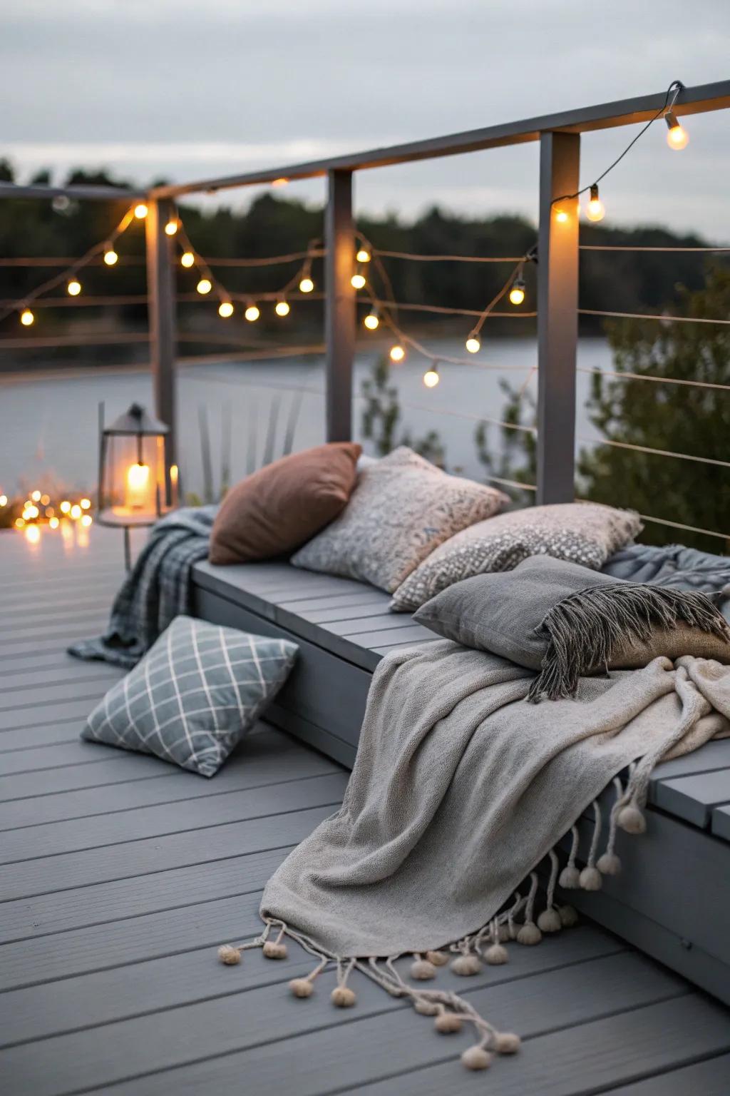 A cozy grey deck illuminated by soft string lights.