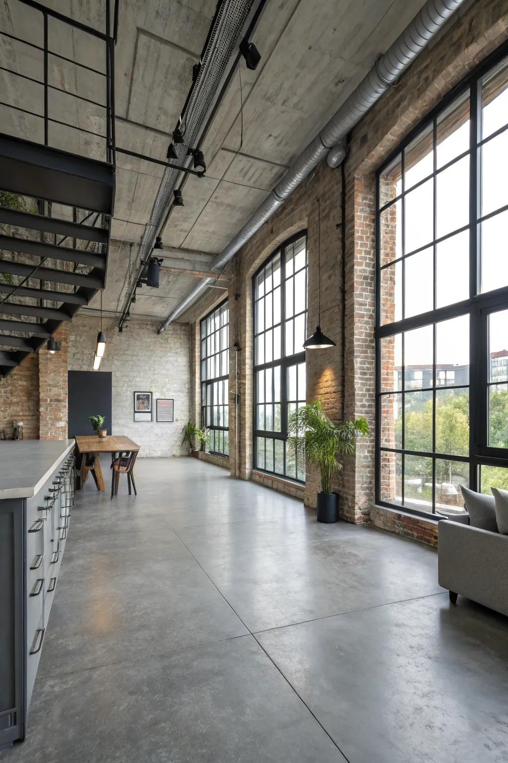 Grey concrete flooring adds an industrial edge to this modern loft.