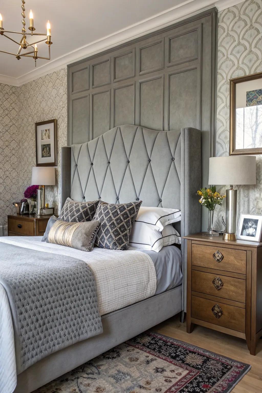 A bedroom that smoothly combines modern and classic elements with a grey headboard.