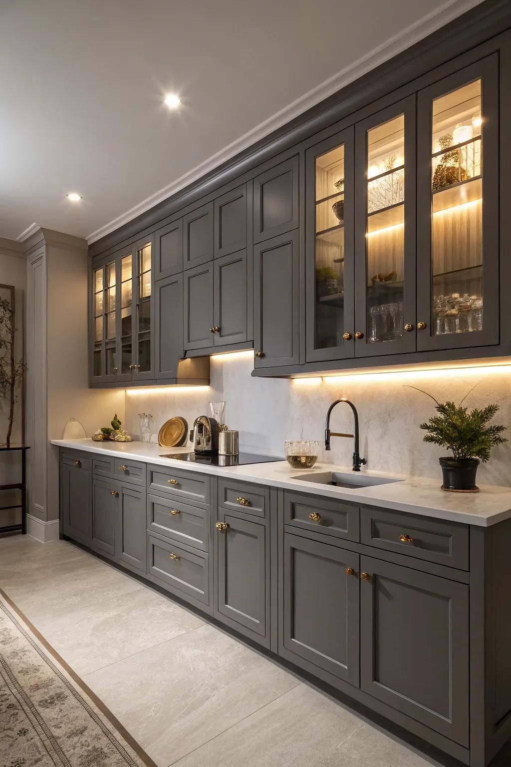 Dark grey establishes a dramatic and luxurious kitchen ambiance.
