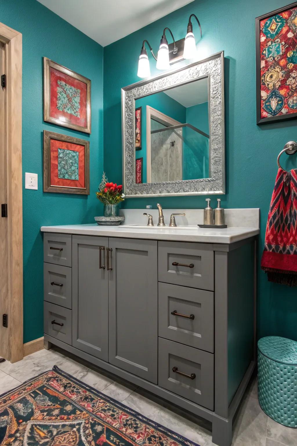 Bold colors like teal add drama to the grey vanity setup.