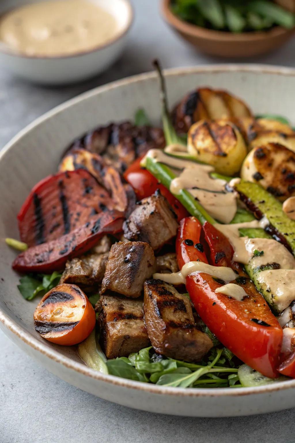 Smoky greens and meats provide a delightful, smoky essence.