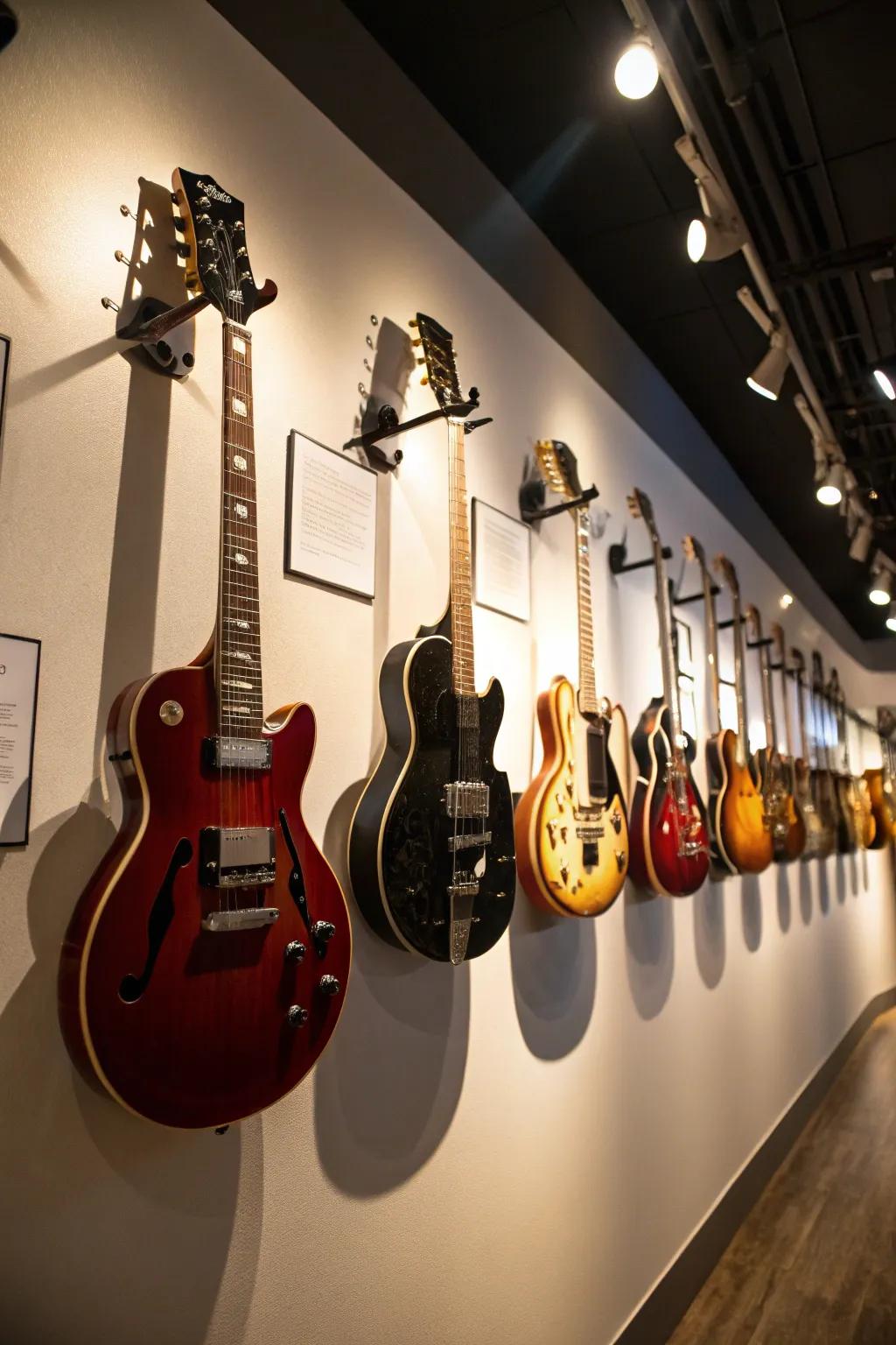 Guitars highlighted with spotlights for a gallery impact.