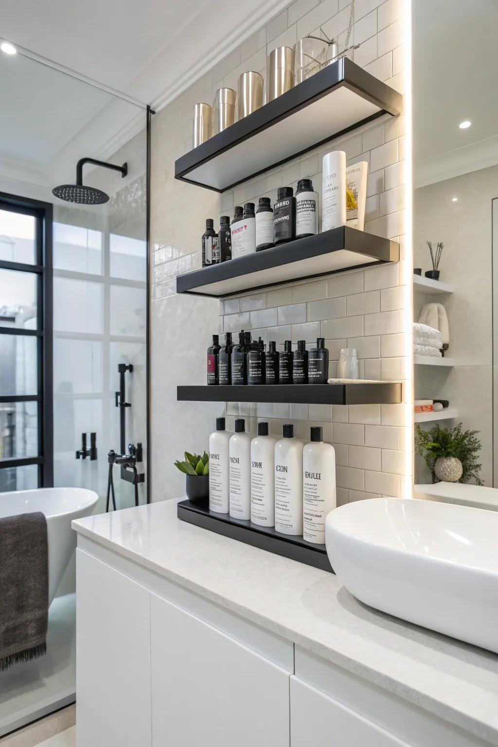 Minimalist floating shelves for a clean and organized look.