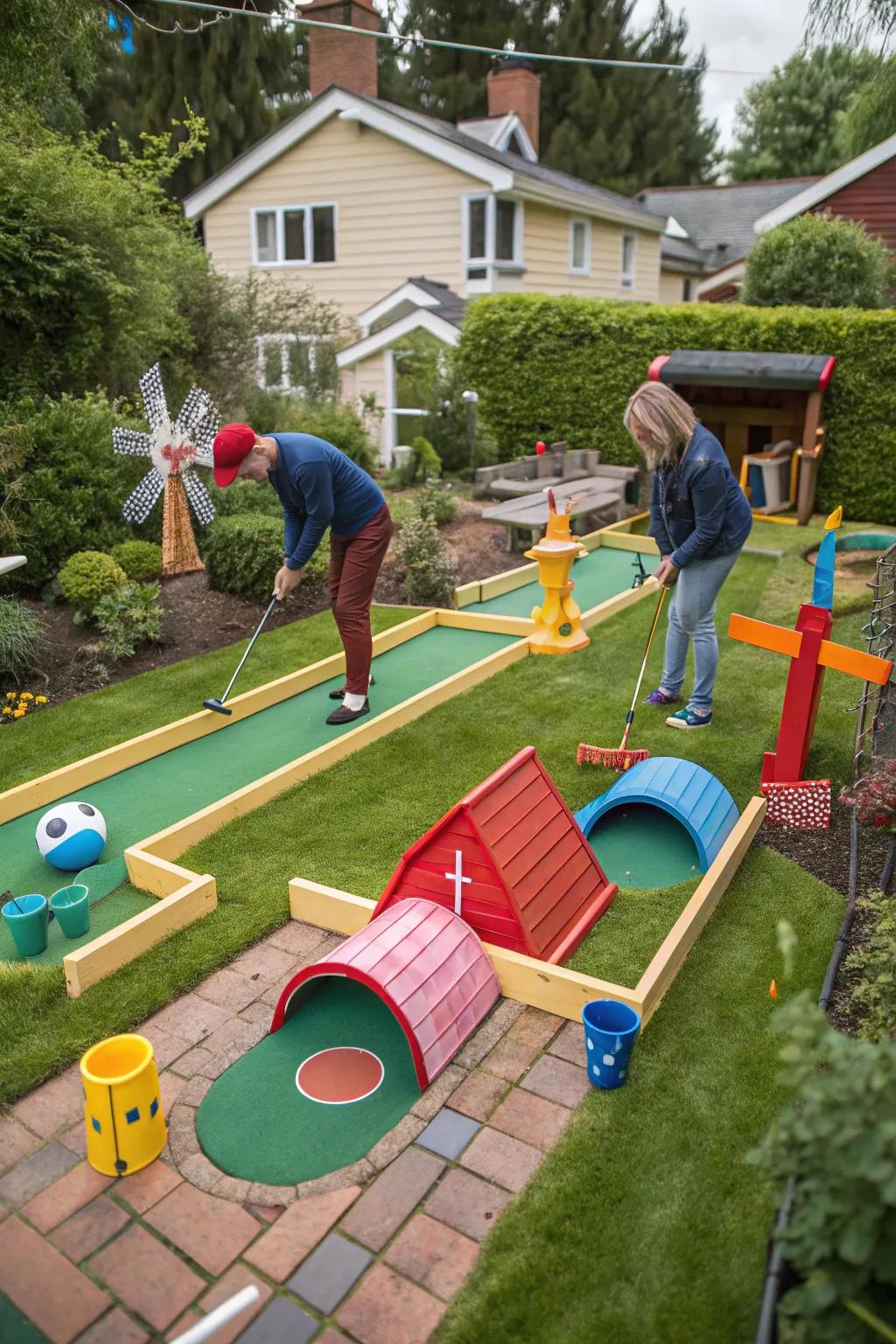 A fun backyard mini golf course, adding a playful element to the half birthday party.