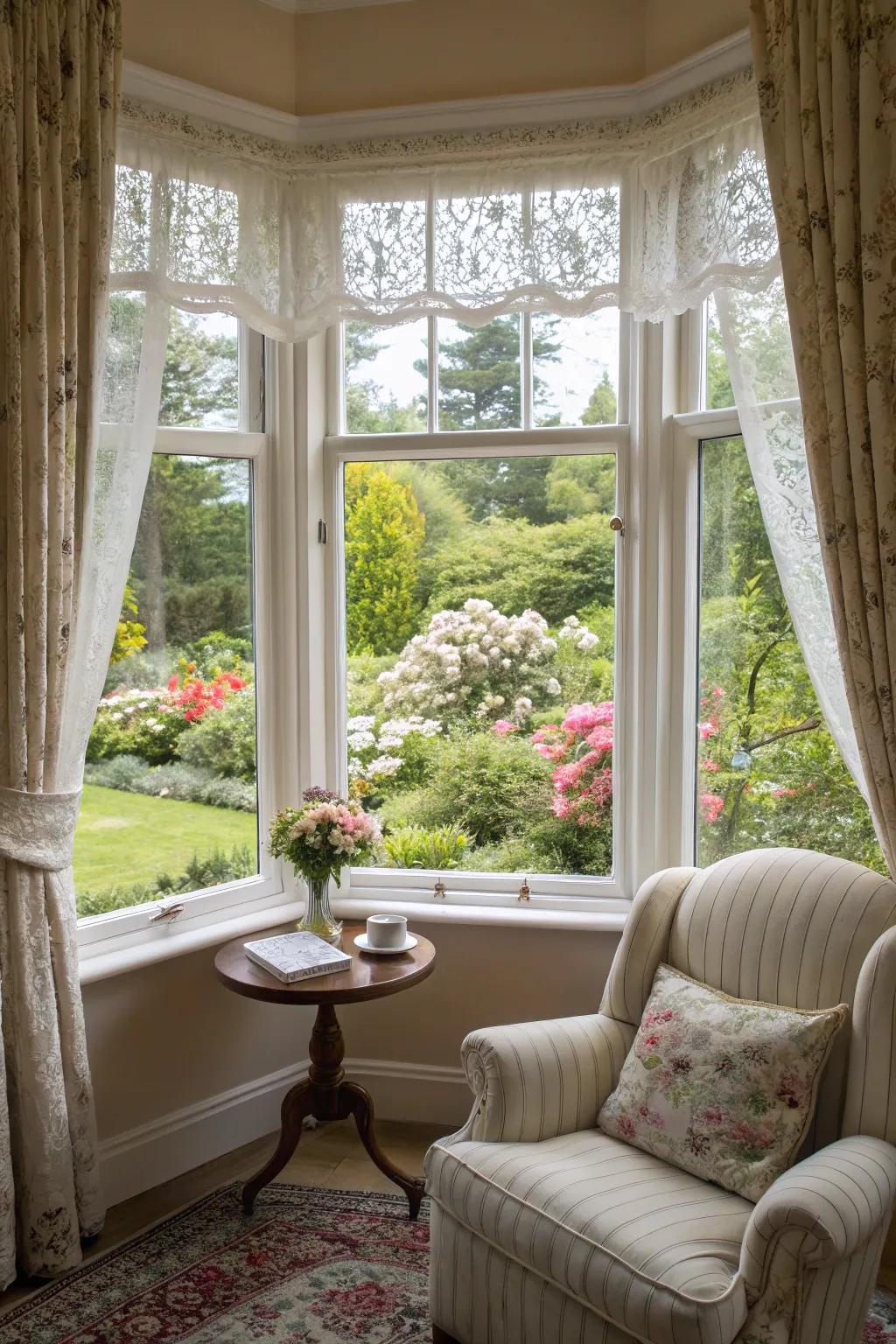 Charming bow window with half window blinds.