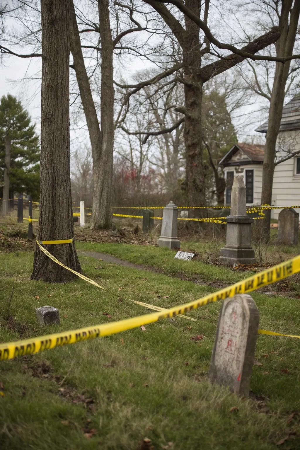 An eerie yard with hazard tape and gravestones.