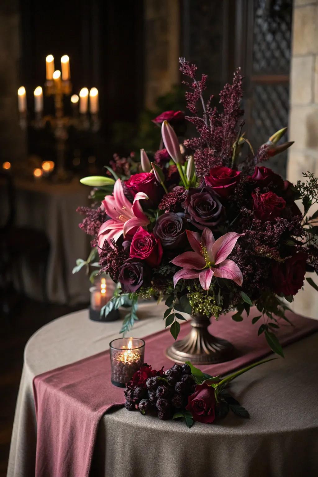 Gothic flowers inject elegance and emotion to the surface.