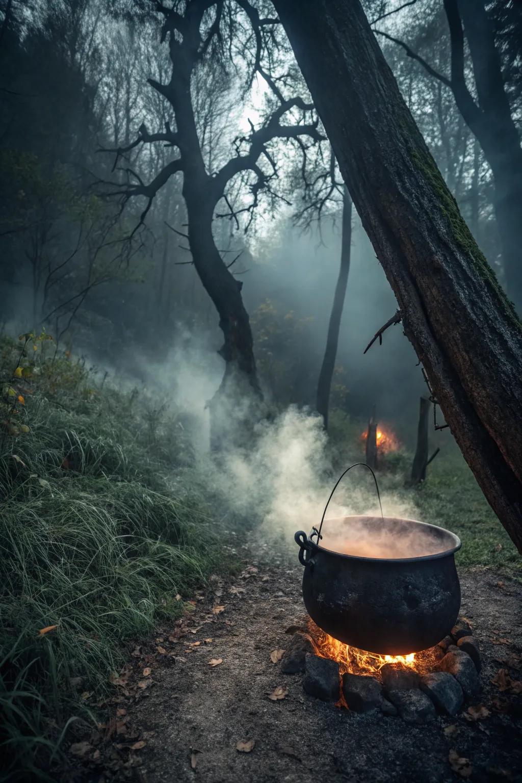 A sorceress's cauldron bubbling with mystical vapor and lights.