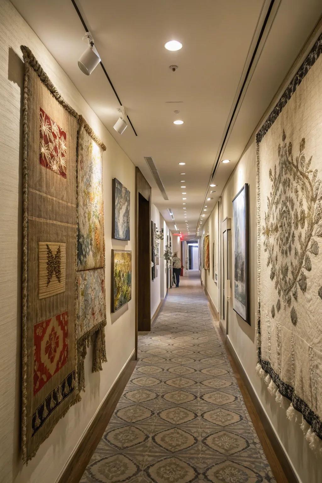 Textured art pieces enrich hallways with depth and warmth.