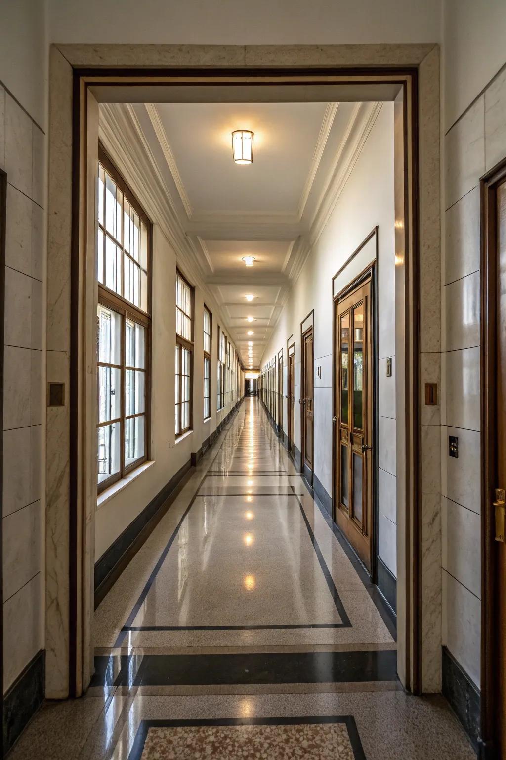Mirrors at the hallway's end create depth and impact.
