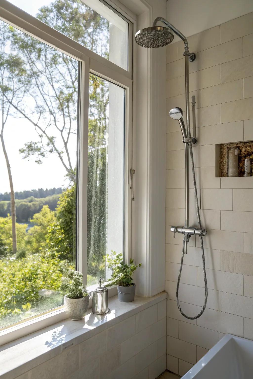 Sunlight makes showering better when the hand sprayer is placed just right.