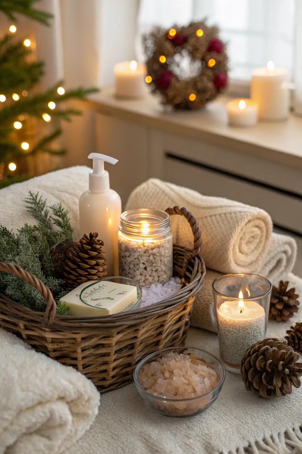 A styled basket featuring hand cleanser and pampering treats