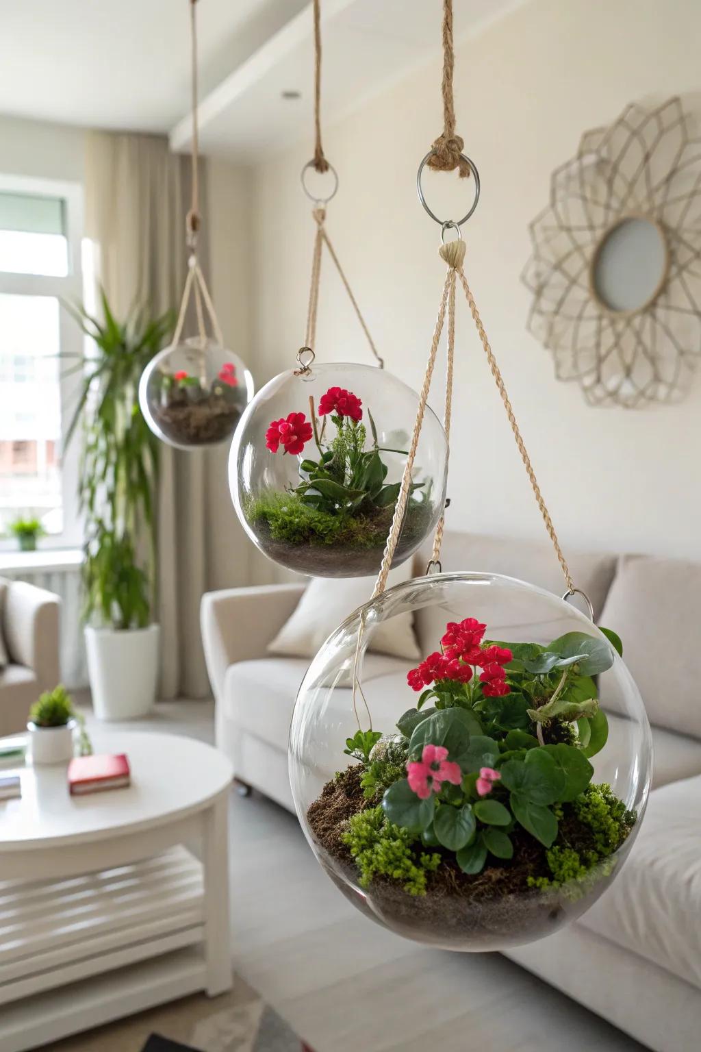 Glass domes offer a sleek presentation for geraniums.