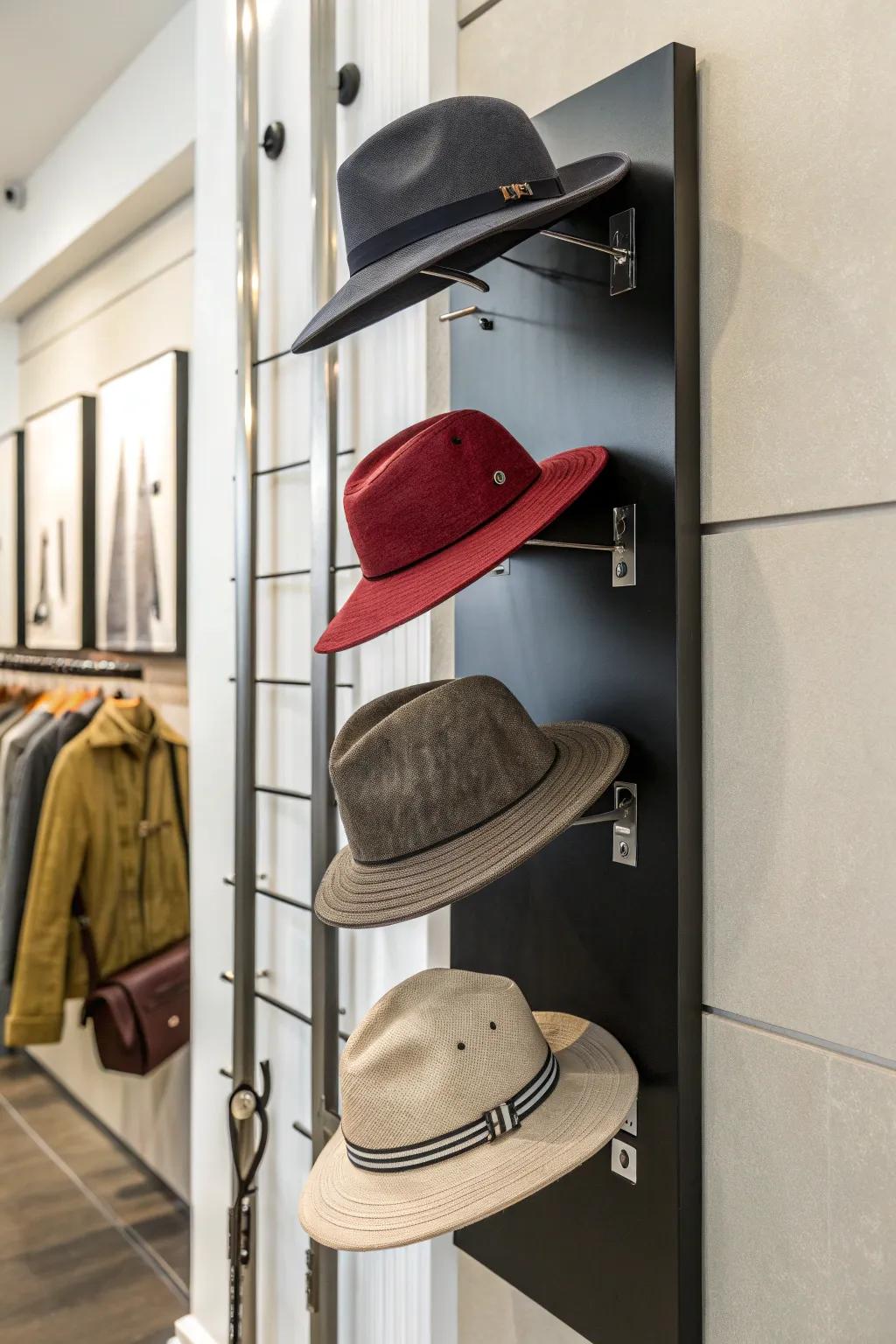 Wall-attached hat towers keep your space organized and stylish.