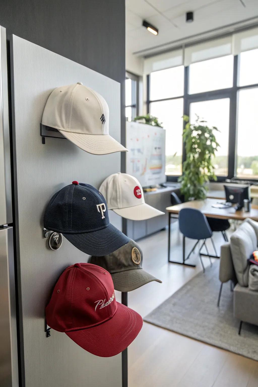 Hats organized with magnetic clips.