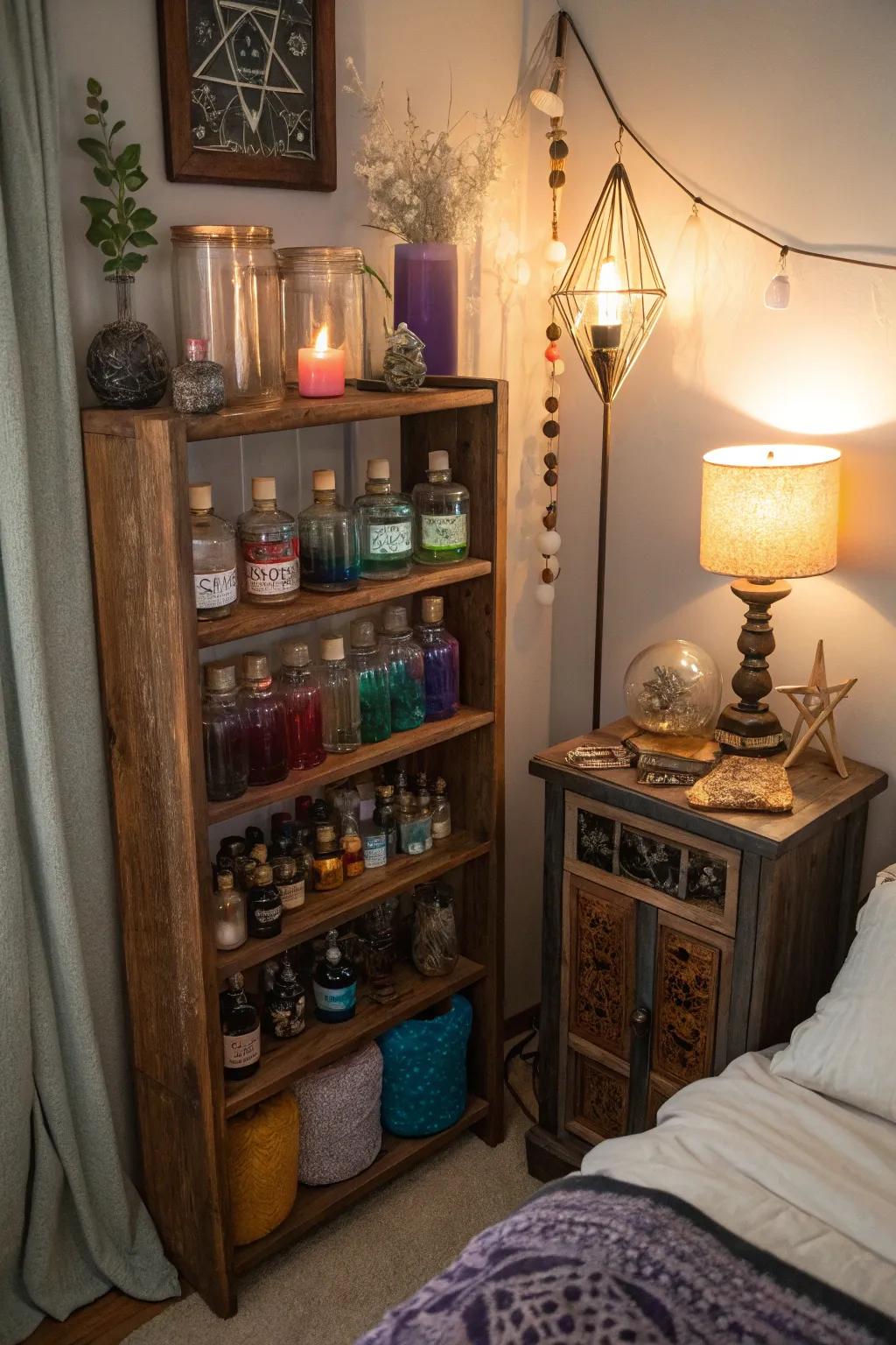 Apothecary displays inject a witchy touch.
