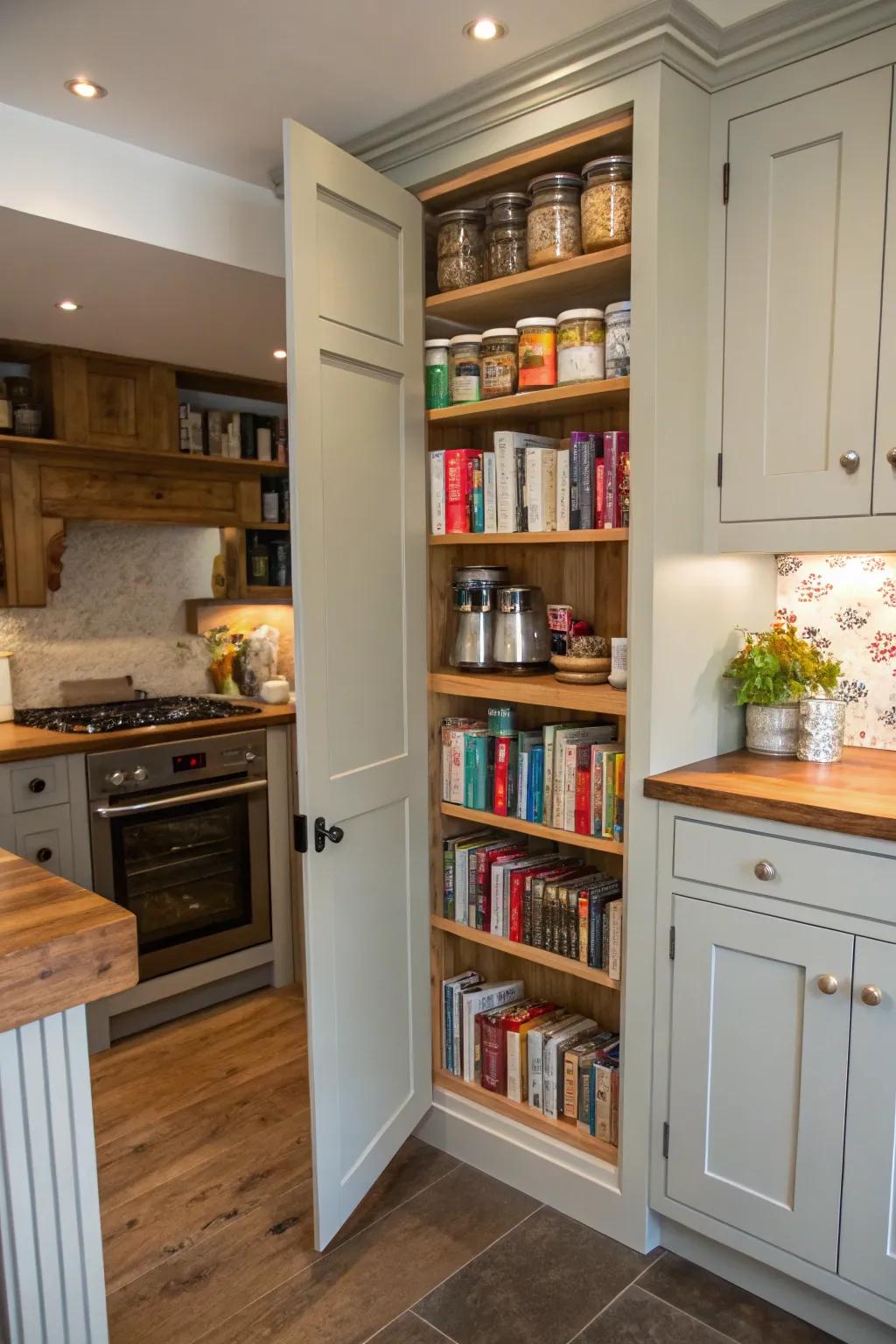 A hidden pantry smartly concealed behind a bookcase door.