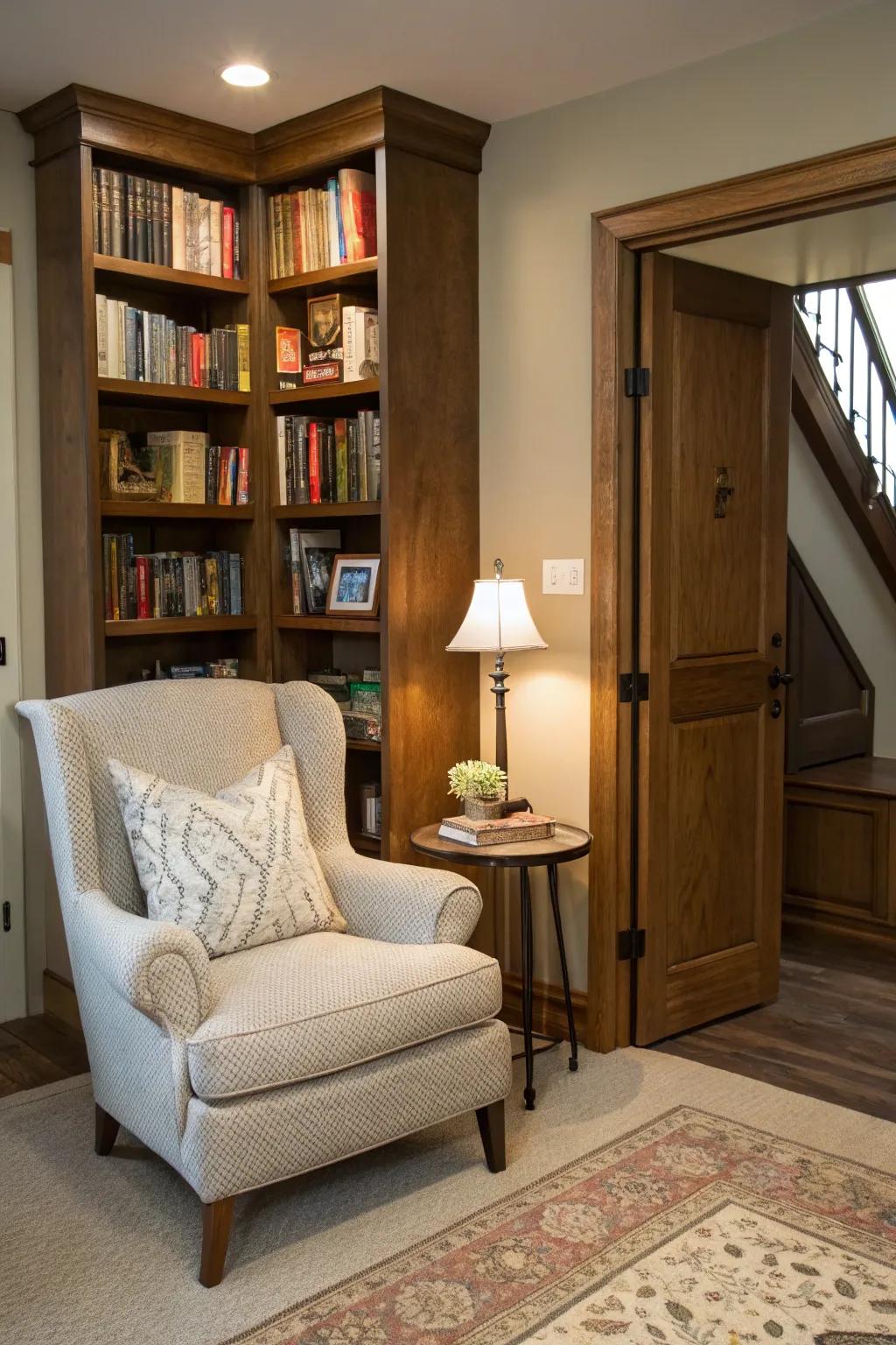 Bookcase door revealing hidden storage