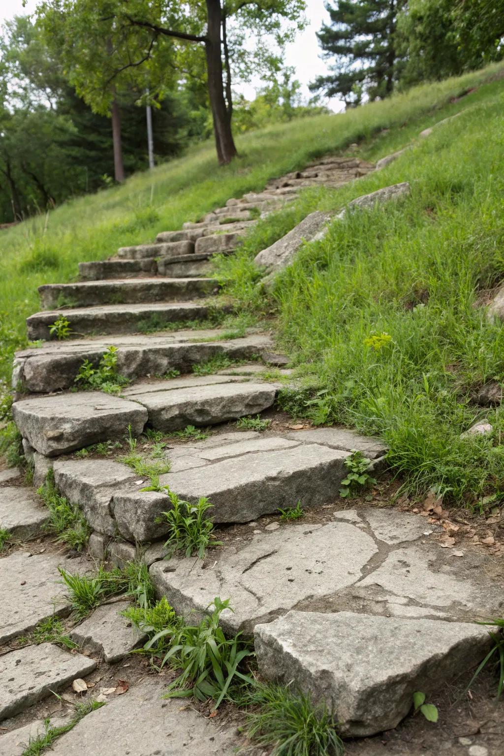 Recycled stone steps offer sustainability and style.