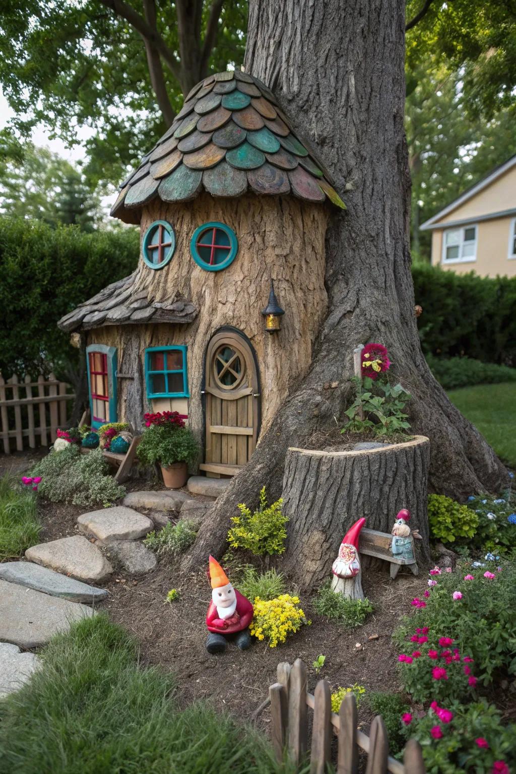 A sprite's abode fashioned from a tree stump infuses caprice into the garden.