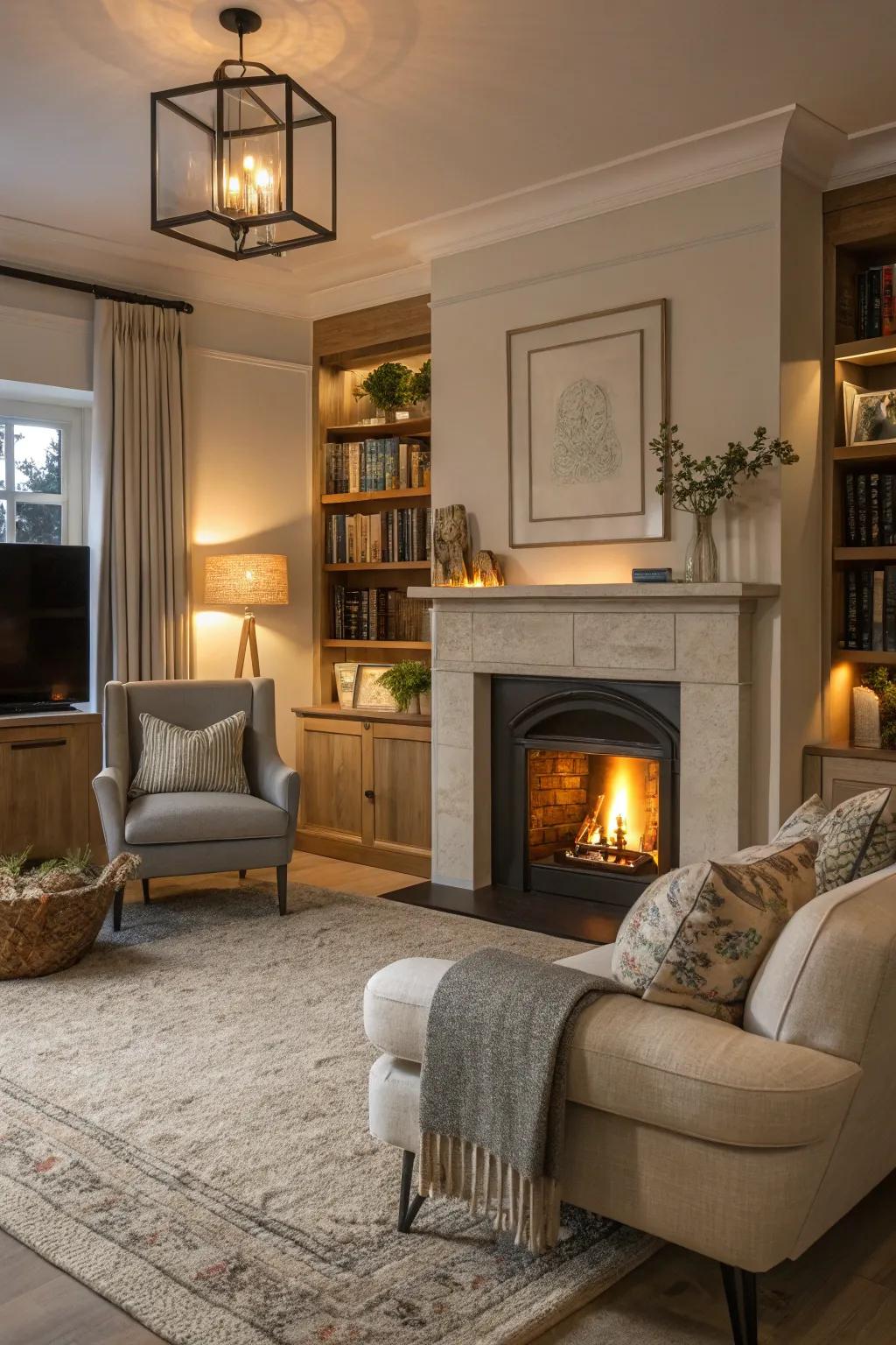 A living room centered around a cozy fireplace.