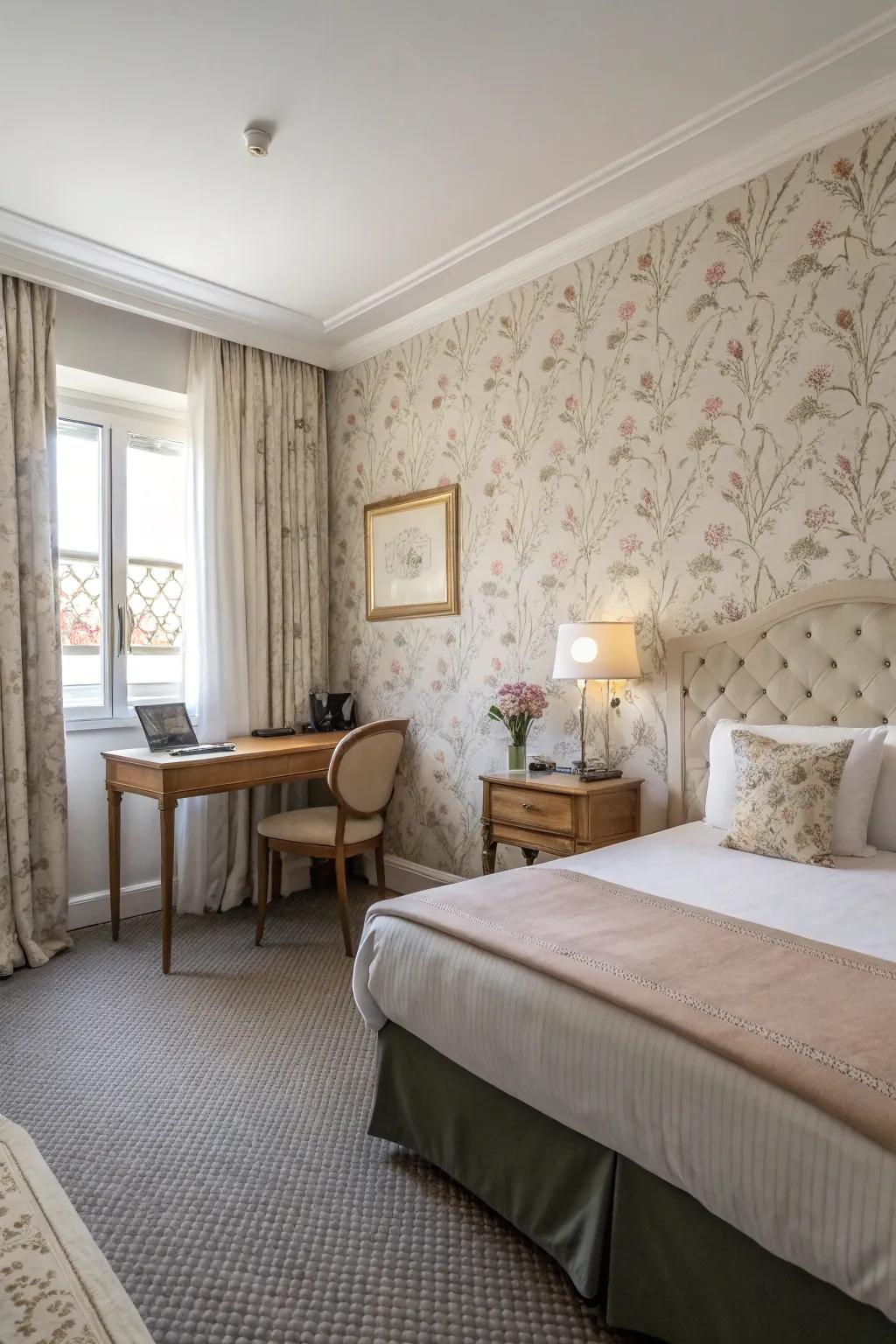 A guest room enhanced by refined patterned wallpaper.
