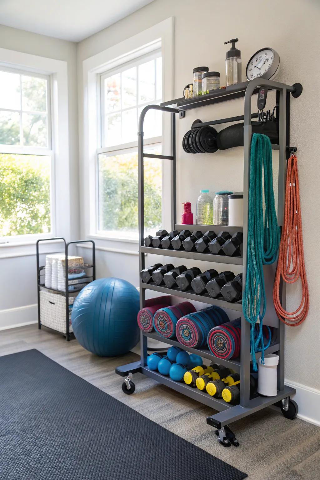 Mobile carts offer flexibility and convenience for storing gym equipment.