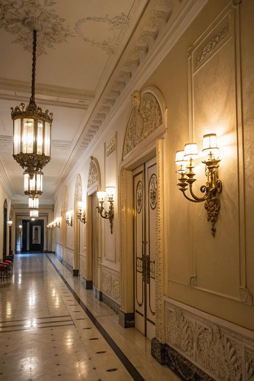 Wall lights introduce a sense of elegance to passageways.