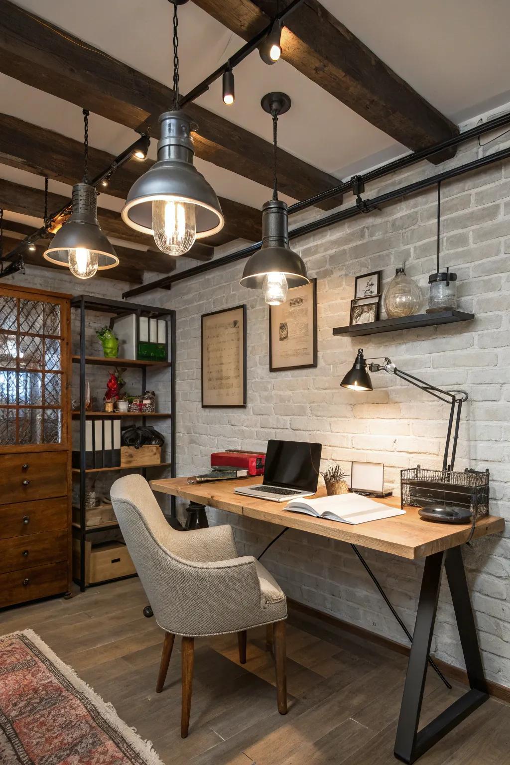 Work lighting adds an edgy, city touch to your home office.