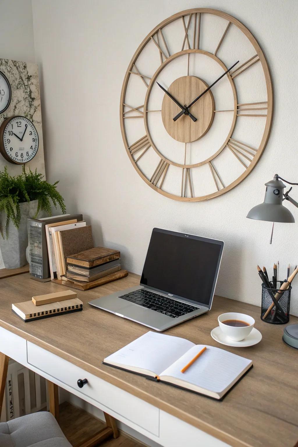 Practical decor, like clocks, adds style and utility.