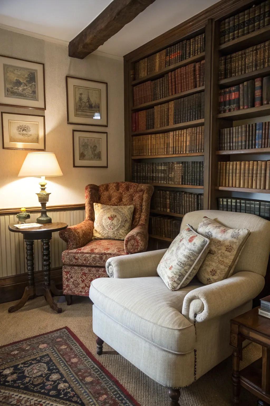 A reading corner adds charm and a place for quiet reflection.