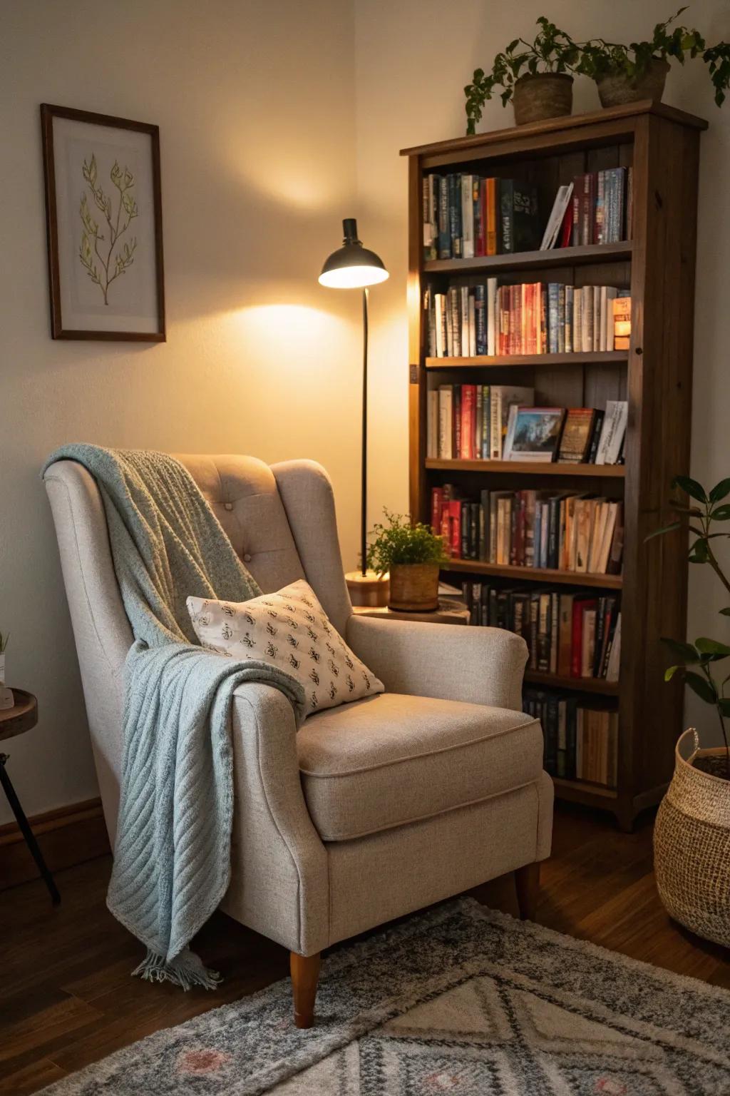 A cozy nook designed for relaxation and reading.