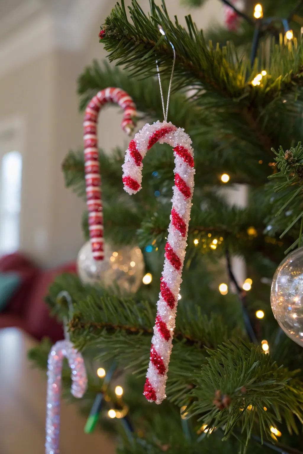 Radiant crystalline rod candy ornaments contributing a distinct accent to the holiday tree.