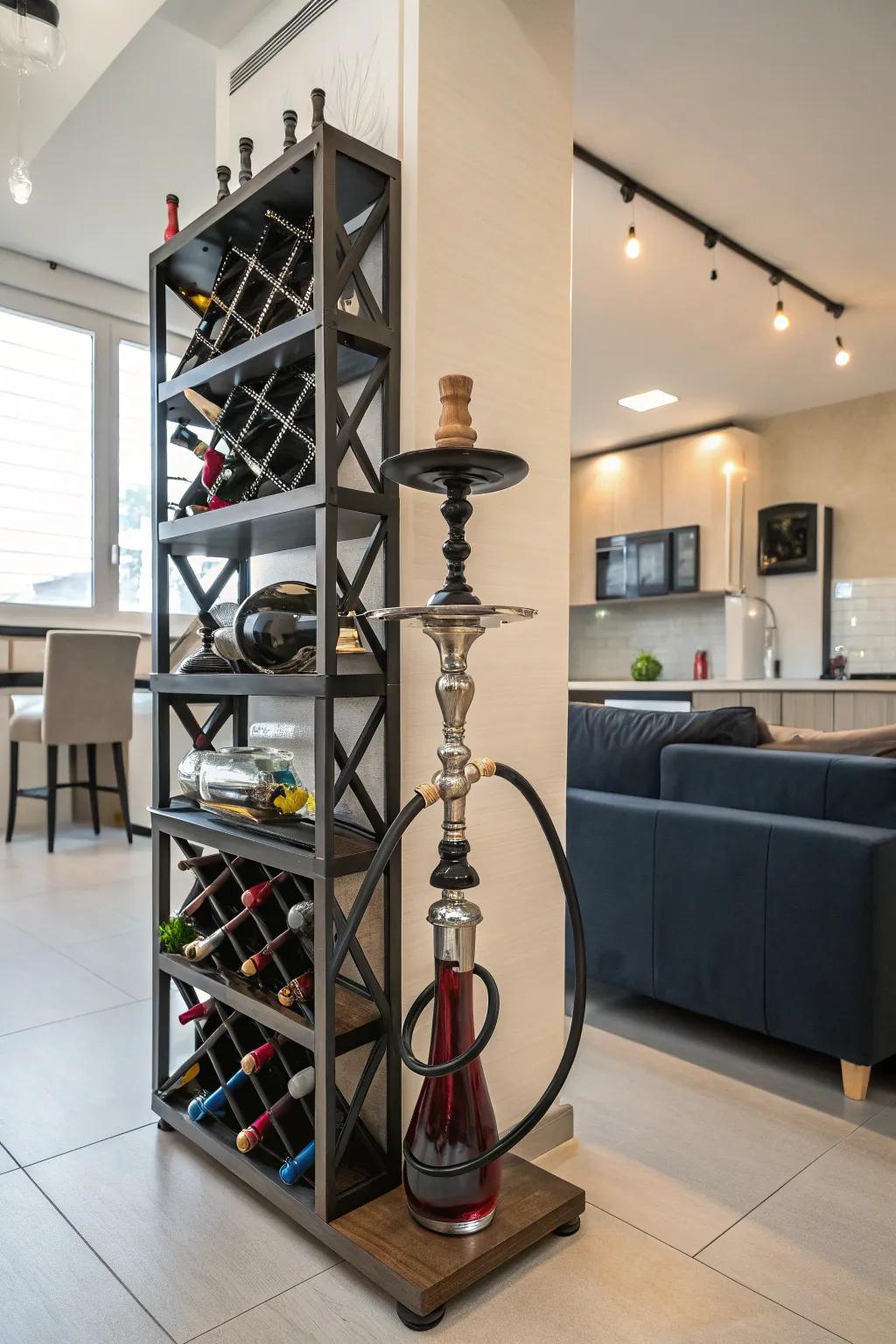 A wine rack – repurposed to store smoking pipes in a unique way.