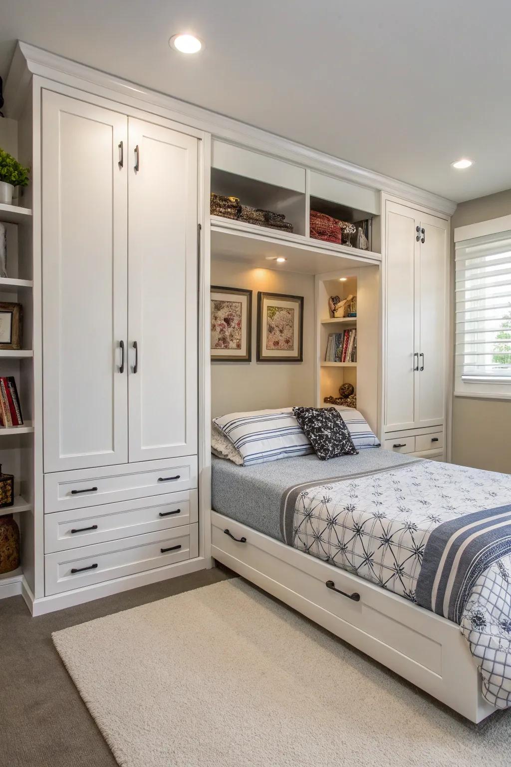 A bedroom maximizing storage using a convertible bed and built-in cabinets, ideal for organized living.